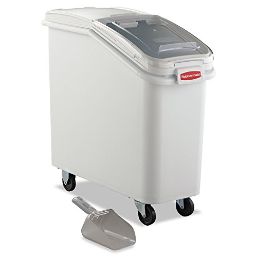 Rubbermaid Commercial Products ProSave Shelf-Storage Ingredient Bin With Scoop, 400-Cup Capacity, Plastic, White, Sliding Lid, Container with Wheels for Kitchen/Restaurant/Food Organization