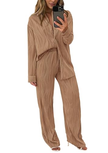 PRETTYGARDEN Women's Fall 2 Piece Textured Sets Casual Button Down Shirt Wide Leg Pants Outfit Loungewear Tracksuit (Khaki,Large)