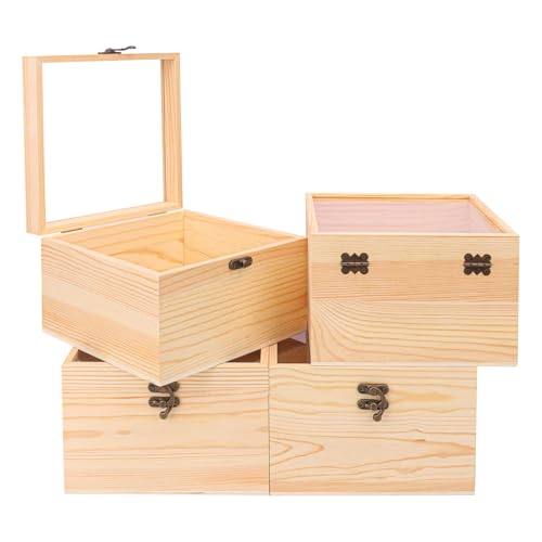kukmakri 4 PCS Unfinished Wooden Display Box with Window- DIY Craft & Storage Wood Box with Plastic Top Hinged Lid, for Small Wood Keepsake and Jewelry Preservation (7.09 x 7.09 x 4.72 Inch)