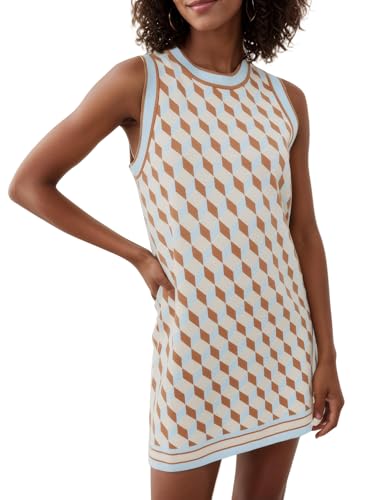 Kedera Sleeveless Sweater Vest Dress for Women 2025 Casual Knitted Cocktail Party Crewneck Plaid Dress Winter Beige