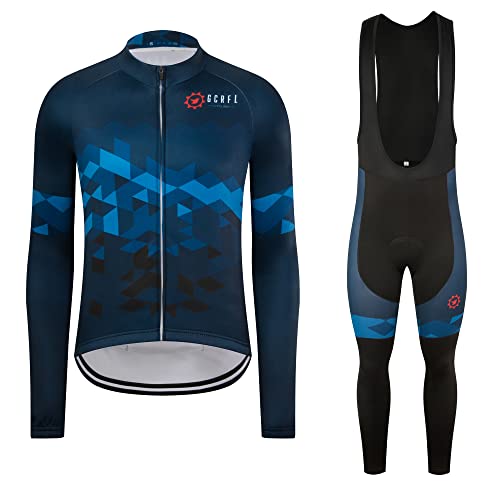 GCRFL Winter Cycling Jersey Sets Thermal Fleece Bike Jersey + Bib Pants, Long Sleeve Cycling Clothing Sets for Man (Blue, L)