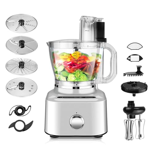 Homtone 16 Cup Food Processor, Aluminum-Diecast Food Processors with Whisk, 5 Preset Modes Vegetable Chopper Electric, 8 Blades 11 Functions for Home Use, Stepless Speed Control, 650W, Sliver