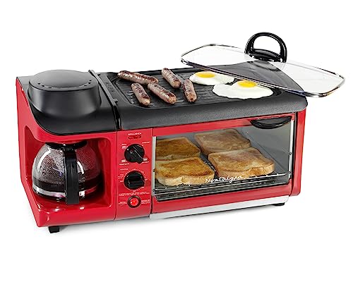 Nostalgia 3-in-1 Breakfast Station - Includes Coffee Maker, Non-Stick Griddle, and 4-Slice Toaster Oven - Versatile Breakfast Maker with Timer - Red