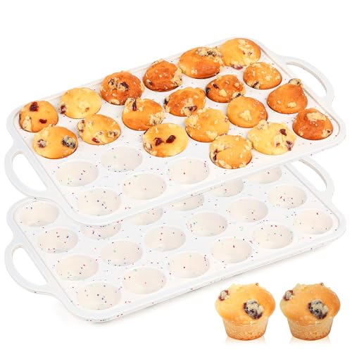 AOTASO 2 Pcs Silicone Mini Muffin Pan With Metal Frame, 24 Cups Nonstick Cupcake Tray for Baking, Small Muffin Molds with Handles (Cream)