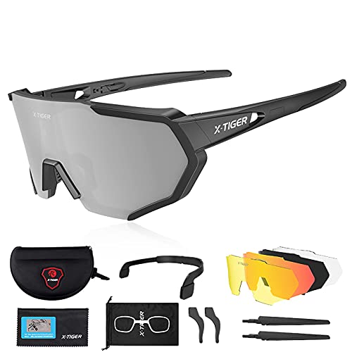 X-TIGER Polarized Sports Sunglasses with 5 Interchangeable Lenses,Mens Womens Cycling Bike Glasses,Baseball Running Fishing Golf Driving Sunglasses