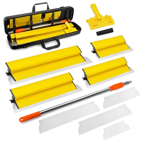 Drywall Skimming Blade Set Including Extra Blade Insert, 10"，16"，24" and 32" Stainless Steel Skimming Blades, 28"-62" Extension Handle, Smoothing Drywall Finishing Tools with Portable Case