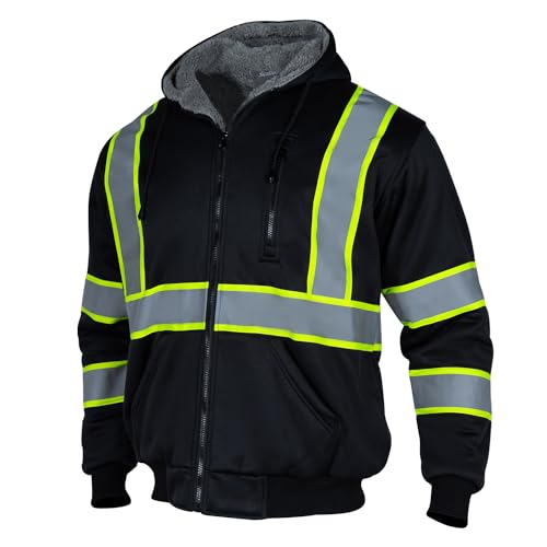 Men's High Visibility Fleece Lined Safety Hoodie,Reflective Winter Bomber Jacket,Hi Vis Construction Sweatshirt Workwear for Men(Black,S)