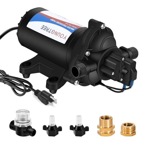 YOUNGTREE 110V Industrial Water Pressure Diaphragm Pump 4.0GPM 50PSI On Demand RV Electric Water Transfer Pump 110Volt AC with Garden Hose Adapters for Irrigation Home Pool Draining Sprinkler