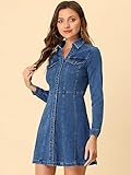 Allegra K Women's Denim Dress Button Down Collar V Neck Long Sleeve A-line Cotton Jean Dress Medium Blue