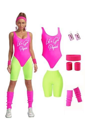 MIAIULIA Womens 80s Workout Costume Outfit 80s Accessories Set Neon Shorts Earring Leg Warmers Headband Wristbands lets get physical Short Pink M
