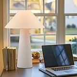 Novogratz x Globe 18" Ceramic Table Lamp, Matte Cream, Off-White Tapered Fabric Shade, in-Line Rocker Switch, 5 Ft. Clear Cord, Home Office, Desk, Living Room