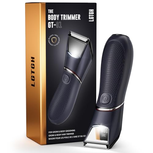 LGTGH Body Hair Trimmer for Men: Pubic Hair Trimmer with Mirror & LED Light - Electric Ball Shavers with Ceramic Blades & Travel Lock - Body Groomer IPX7 Waterproof Wet/Dry Use for Groin/Legs/Chest