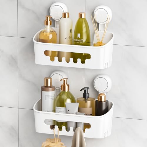 LEVERLOC Shower Caddy Suction Cup 2 Pack, Shower Organizer Removable Bathroom Shelf, Storage Suction Powerful Max Hold 22lbs Bathroom Caddy Waterproof Holder, White