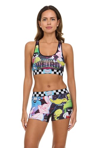 COCO BRANDS Looney Tunes Womens Sports Bra Set - 2 Piece Sports Bra and Boxer Briefs Underwear Set for Women (Sizes: S-XL), Size Medium, Bugs/Duck Stay Weird