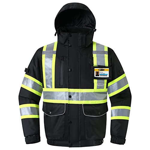 JKSafety 10 Pockets Hi-Vis Waterproof 3M Reflective Winter Bomber Jacket | Black Color | Secured Tablet Pocket | Detachable Hood and Retractable ID Pocket | ANSI Compliant (118-Black, X-Large)