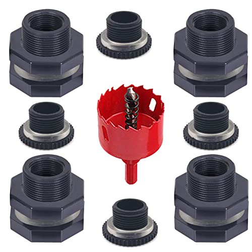 Qitdathn 4 PCS Rain Barrel Bulkhead Fitting kit with Plugs and Hole Saw Tool, 1" (Inside Diameter is About 32mm) PVC Spigot Connector Kit for Rain Barrels Pools Aquariums (32mm ID Bulkhead 1")