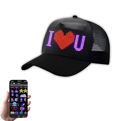 LED Hats, LED Display Screen Baseball Caps with Programmable Scrolling Message, Bluetooth APP Control, Custom Text, Patterns & Animations Hat - Perfect for Festivals, Parties & Raves Black