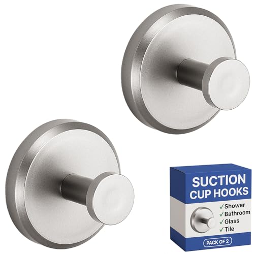 HOME SO Suction Cup Hooks for Shower, Bathroom, Kitchen, Glass Door, Mirror, Tile – Loofah, Towel, Coat, Bath Robe for Hanging up to 15 lbs – Polished Matte Chrome, Brushed Nickel (2-pack)