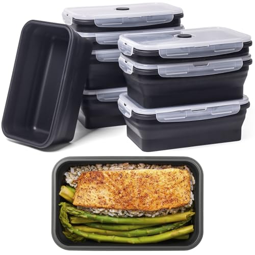 Collapsible Food Storage Containers with Lids, 8 Pack, 40 oz Silicone 1-Compartment Meal Prep Containers Reusable, Lunch Bento Boxes for Adults, Microwave Freezer Dishwasher Safe, BPA-Free, Black