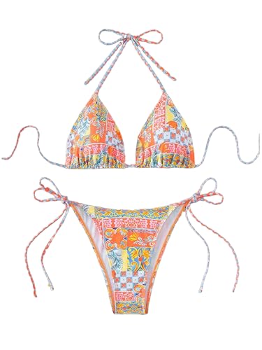 ZAFUL Triangle Bikini for Women 2 Piece Halter Bikini Sets Sexy High Cut Bathing Suit Side Tie Swimsuits Orange Tribal S