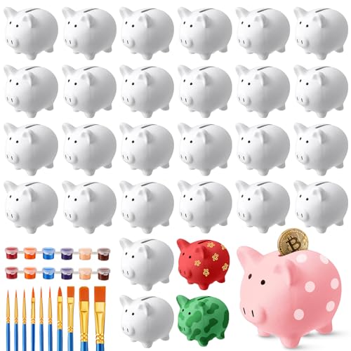 Skybooly 24 Pcs DIY Ceramic Piggy Banks Pig Piggy Banks Coin Bank Unglazed White Piggy Bank for Boys Girls with 2 Pcs Paint Strips 10 Pcs Brushes for Money Birthday Festival Fun Home Activities Gift