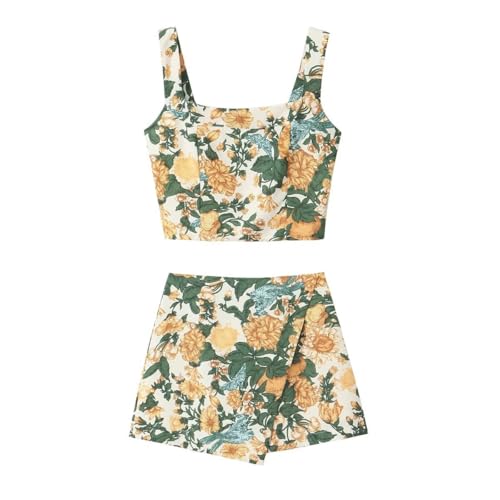 THLAI Women Two Piece Skirt Sets Floral Crop Top and Mini Skirt Sets Summer 2025 Vacation Outfits Short Sets