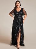 Ever-Pretty Women's Plus Size Gorgeous A Line Side Slit Sequin Embroidered Formal Evening Dress with Sleeves Black US18