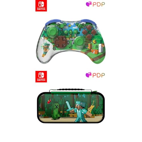 PDP REALMz Bundle: Wireless Nintendo Switch Pro Controller, Licensed, Rechargeable : Minecraft Steve -Forest Biome + Travel Case Plus GLOW with Wrist Strap, Minecraft Forest Battle (Glow in the Dark)