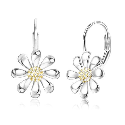 MILACOLATO 925 Sterling Silver Daisy Earrings 18K White Gold Plated Leverback Earrings Dainty Flower Drop Dangle Earrings Hypoallergenic Daisy Flower Jewelry Gifts for Women for Sensitive Ears-2