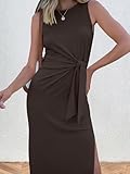 ANRABESS Womens Summer Casual Sleeveless T Shirt Midi Dress Slim Fit Tie Waist Split Tank Long Dresses 2025 Vacation Sundress Coffee Large