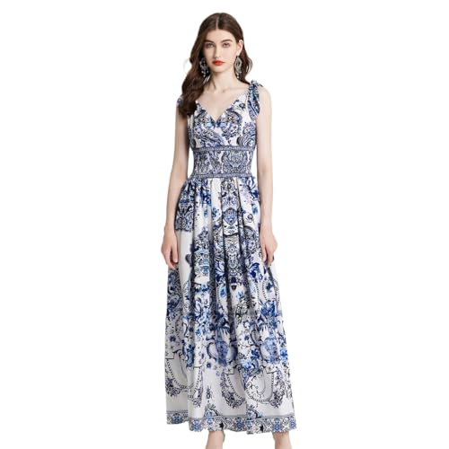 Vintage Blue and White Porcelain Backless Neck Chiffon Long Dress (M,Medium)