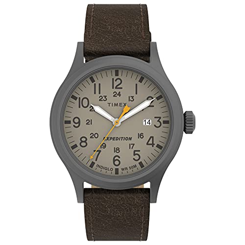 Timex Men's Expedition Scout 40mm Watch – Gunmetal Case Khaki Dial with Dark Brown Leather Strap