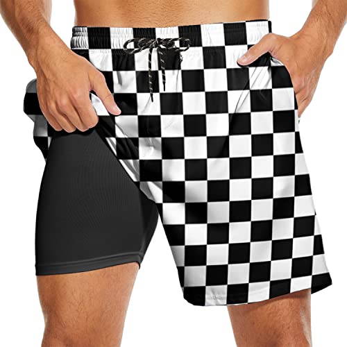 Checkered Shorts Mens Swim Trunks with Compression Liner 7 Inch Checked Swimming Trunks Men Checkerboard Board Shorts XL