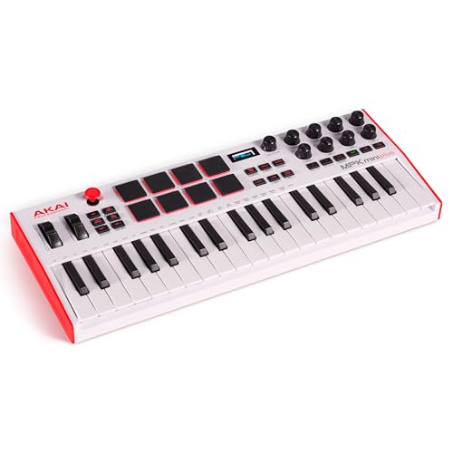 Akai Professional MPK Mini Plus - USB MIDI Keyboard Controller with 37 Mini Keys, 8 MPC Pads, Sequencer, MIDI/CV/Gate I/O, Music Production Software, White Limited Edition