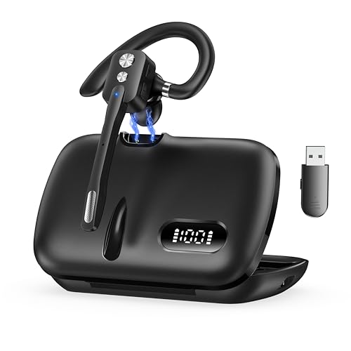 Bluetooth Headset, Wireless Bluetooth Earpiece with Dual-Mic & Noise Canceling, Single Ear Headset with Mute for Business, Remote Work, V5.3 Hand-Free headset for iOS Android Cell Phone (Black+Dongle)