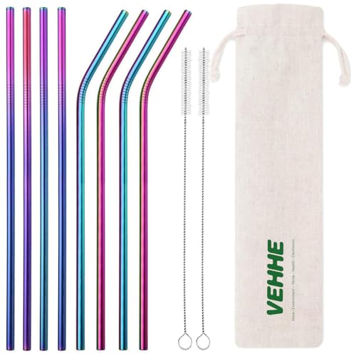 VEHHE Metal Straws Drinking Straws 10.5" Stainless Steel Straws Reusable 8 Set - Ultra Long Rainbow Color-Cleaning Brush for 20/30 Oz for Yeti