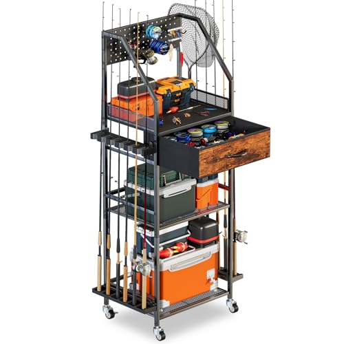 JIRTEMOT Fishing Rod Holder Organizer with Fabric Drawer & Hooks, Space-Saving Garage Storage for 12 Rods, Reels, Tackle Boxes, Portable Fishing Gear Cart for Easy Access & Mobility