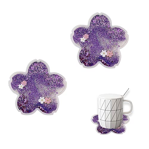 2 Pack Funny Drink Coasters Sakura Quicksand Coaster Silicone Tea Cup Mats Coffee Coasters Non-Slip Insulation Cup Pad Home Office Table Decor, 5.5 Inches