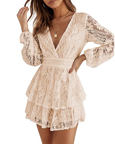 Okiwam Women's Deep v-Neck Floral Print Jumpsuits For Women Sexy Long Sleeves Double Layer Swing Mini Shorts Party Rompers-Xl Apricot