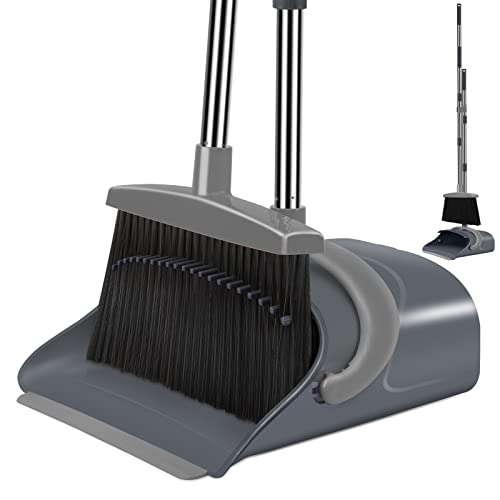 Broom and Dustpan Set, Dust pan with Long Handle, Broom with Dustpan Combo Set, Broom and Dustpan for Home, Indoor or Outdoor Cleaning Tool (Deep Gray&Light Gray)