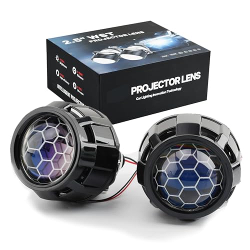 2.5Inch Mini Blue Honeycomb Projector Lens,Car Headlight Retrofit Kit with Black Shrouds,70W 20,000LM 6000K-Focus Beam with Sharp Cut off Line No Blind Oncoming Car Upgrade Bi-Xenon Projector Lens