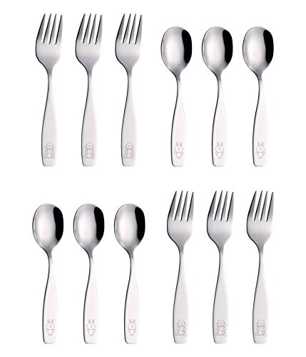 ANNOVA Children's Flatware Set - Stainless Steel Cutlery/Silverware - Safe Kids Toddler Utensils Lunch Box (Engraved Dog Cat Bunny) (Stainless Steel, 12 Forks & Spoon)