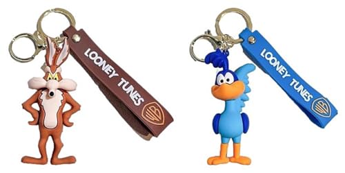 TCB Creations Wiley Cartoon Coyote and Road Cartoon Runner 3D Characters Figure Silicone Charm Keychain Set of 2 Keyrings