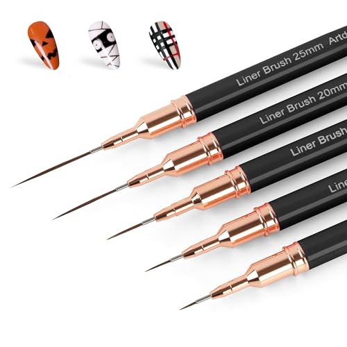 Artdone Metallic Nail Art Pens, Liner Brushes Set, 5PCS Black Color Nail Tools For Long Lines, Thin Details, Fine Drawing, Liner Brush UV Gel Polish Painting Nail Design Sizes 5/8/12/20/25mm