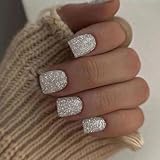 Silver Glitter Press on Nails Short Square Fake Nails Glossy Squoval False Nails with Designs Solid Color Acrylic Nails Set White Glitter Full Cover Glue on Nails for Women Nails Art Decoration 24Pcs