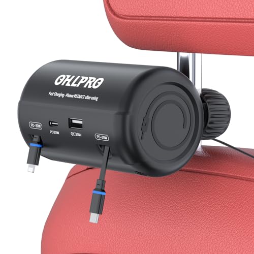 OHLPRO Car Back Seat Charger with Retractable Cables, Headrest Mount Phone Tablet Charger with USB-C PD30W & iOS PD20W Wires, 4-Port Adapter for Uber Taxi Rideshare, with Cigarette Lighter Plug