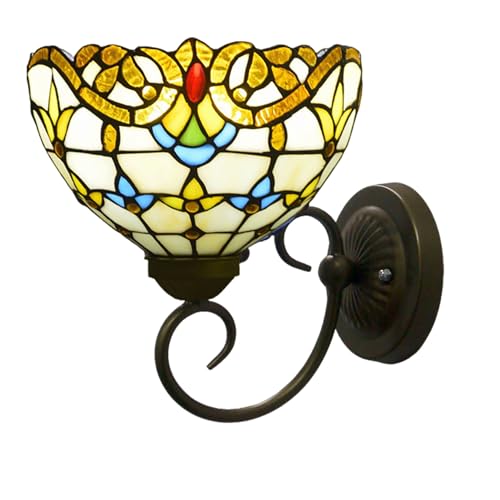 Dualbao Beige Baroque Tiffany Style Wall Sconce Set, Vintage Handmade Yellow Stained Glass Wall Lamps, Classic Porch Lights Stair Light for Living Room, Bedroom, Hallway, Bedside,1 Piece