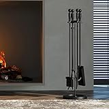 Fire Beauty Fireplace Tools Set 5 Pieces Wrought Iron Fire Place Pit Poker Holder 31" H (Black)