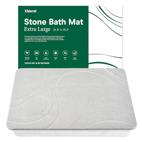 XMarrat Large Stone Bath Mat, Super Absorbent Diatomaceous Earth Bath Mat Large, Quick Drying Non-Slip Diatomite Stone Bath Mats for Bathroom, Easy to Clean (Light Gray, Extra Large 31.5" x 19.7")