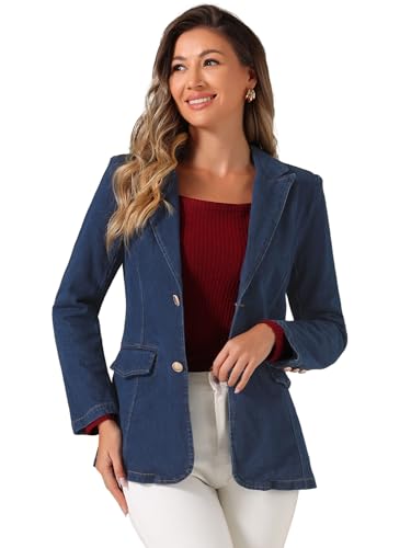 Allegra K Notched Lapel Blazer for Women's Denim Single Breasted Shoulder Pad Business Casual Jackets X-Large Dark Blue